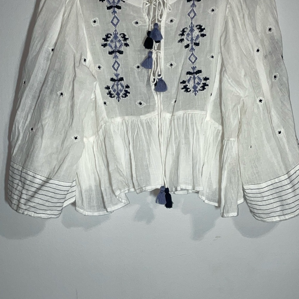 Free People White Blouse with Navy Embroidery
